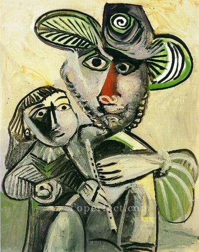 Homme a la flute et enfant Paternit 1971 Cubism Oil Paintings
